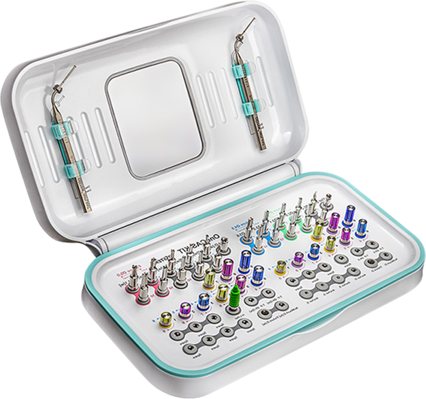 Organized dental implant surgical kit with color-coded instruments